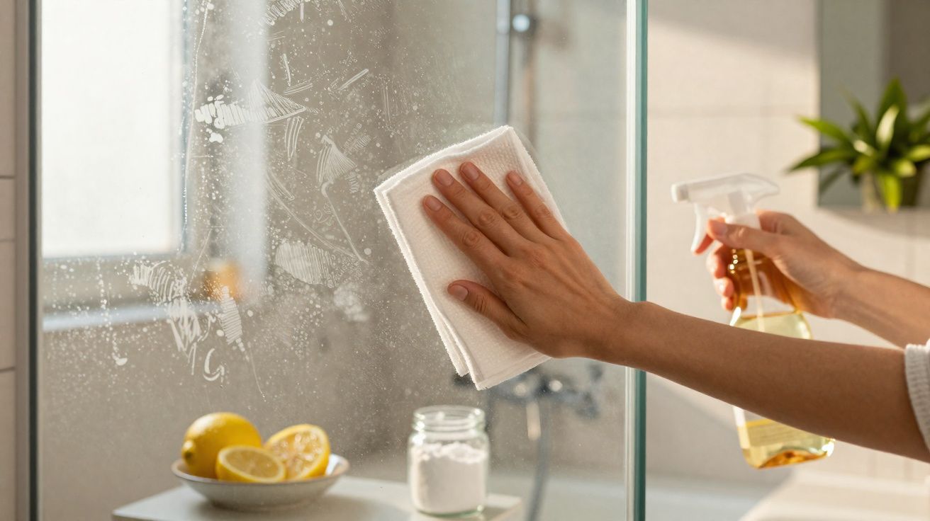 Person cleaning a glass shower door with a cloth and spray bottle, lemons and cleaning powder in the background.