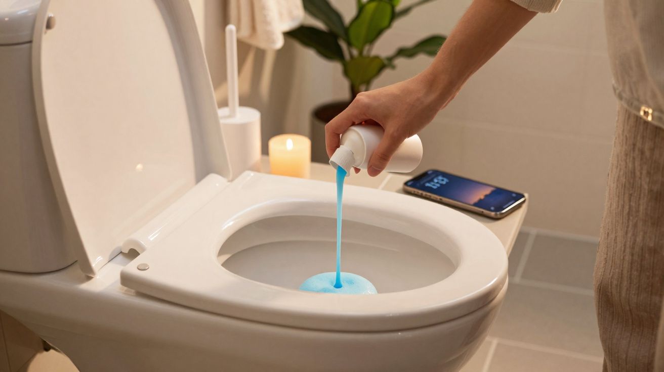 Hand pouring blue toilet cleaner into a white toilet bowl in a tidy bathroom with candle and phone nearby