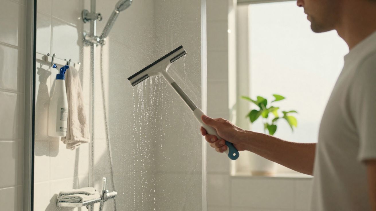 Person cleaning a glass shower door with a squeegee in a bright bathroom.