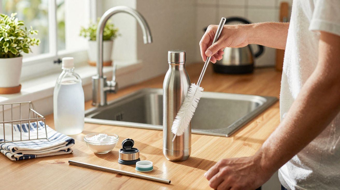 Person cleaning a stainless steel water bottle with a brush on a kitchen countertop near a sink.
