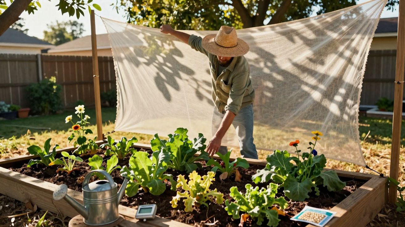 Person wearing a straw hat tending to plants in a raised garden bed with a shade cloth overhead outdoors.
