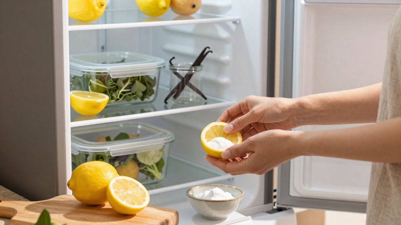Person holding a lemon half over a bowl of baking soda in front of an open fridge with lemons and containers inside.