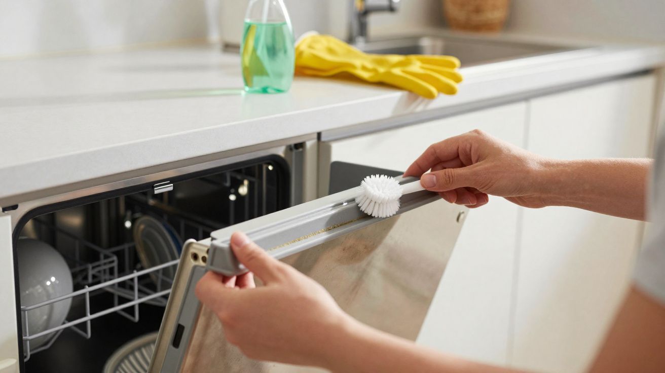 Person cleaning the inside edge of a dishwasher door with a small brush in a modern kitchen.