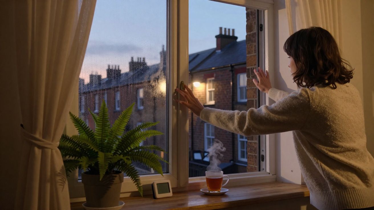 Person opening a window at dusk with a steaming cup of tea and a potted fern on the windowsill.