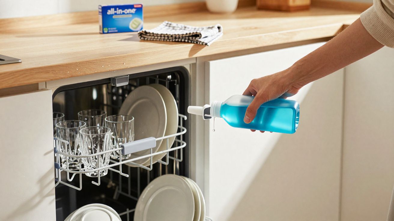 Person pouring blue liquid detergent into an open dishwasher filled with glassware and plates.