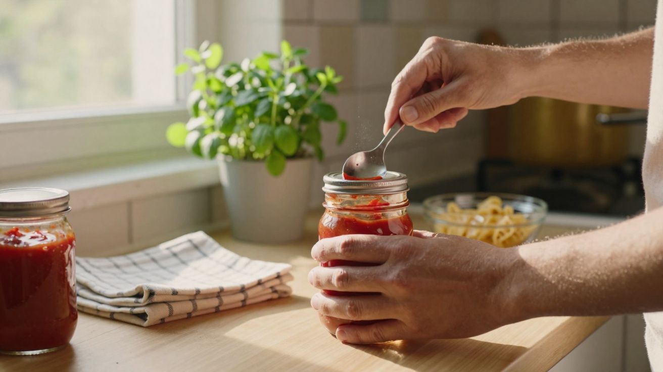 Hands holding a jar of tomato sauce with a spoon over a wooden kitchen counter by a window with basil.