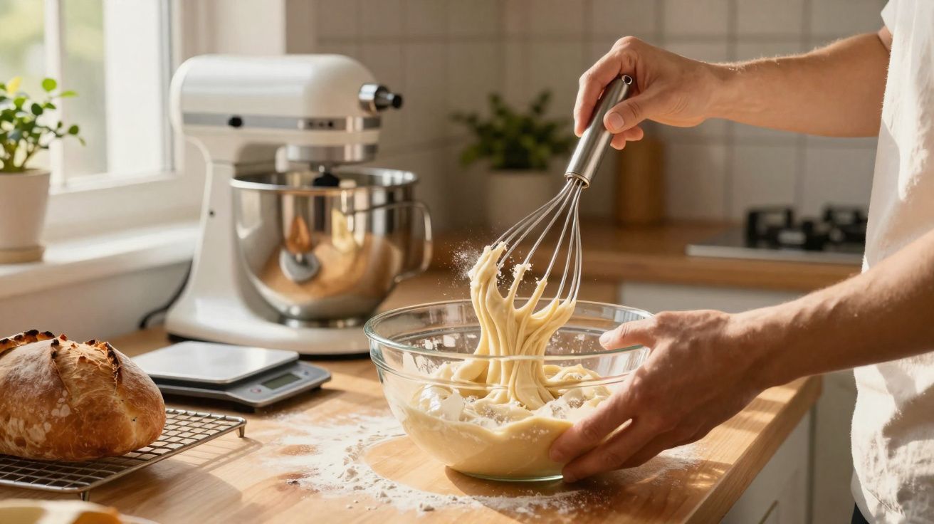 Person whisking dough in a glass bowl on a wooden countertop in a bright kitchen.