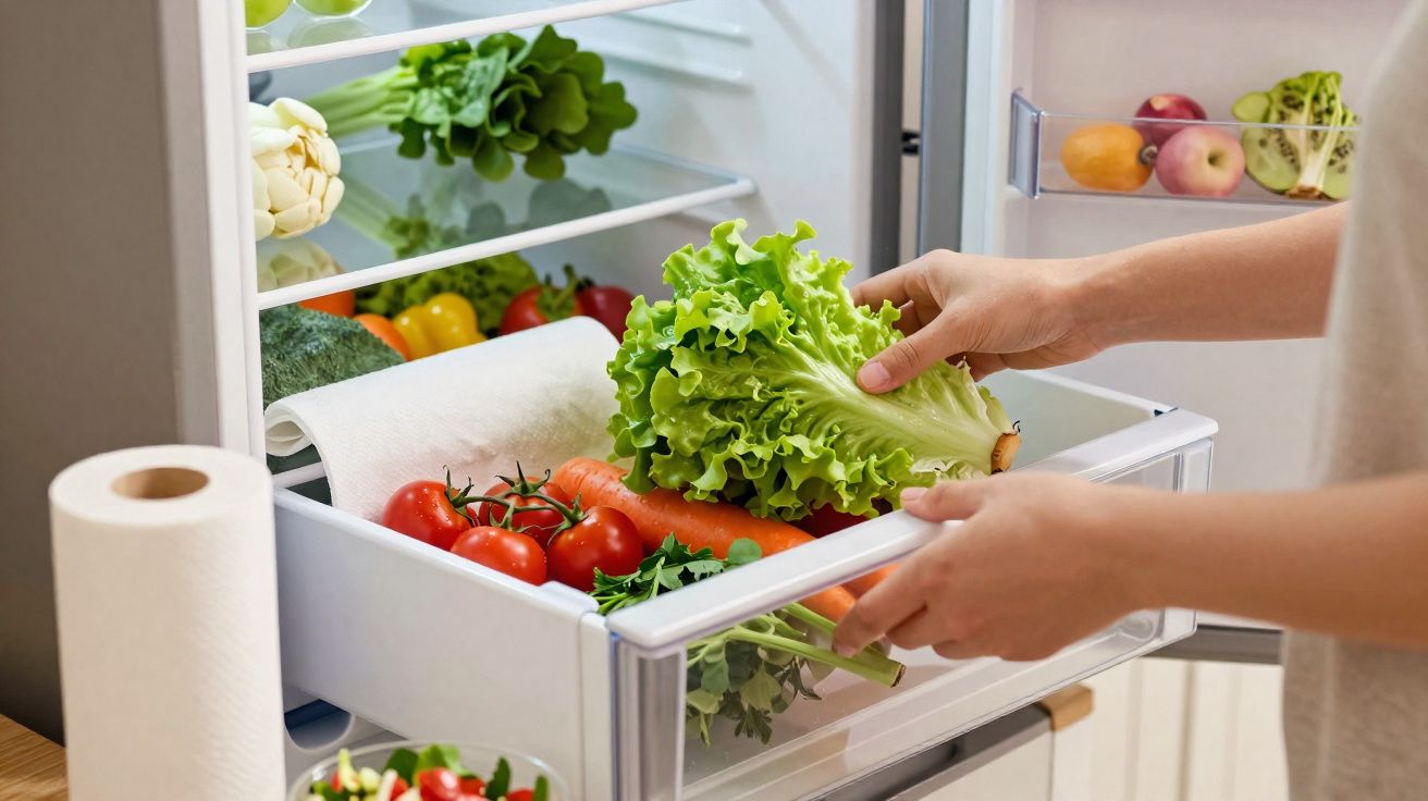 Hands placing fresh green lettuce into a fridge drawer filled with tomatoes, carrots, and leafy vegetables.