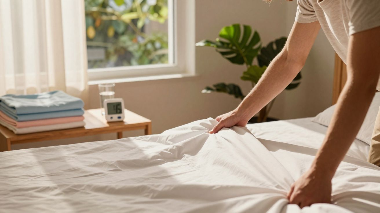 Person making a bed with white sheets in a sunlit room with folded clothes on a bedside table.