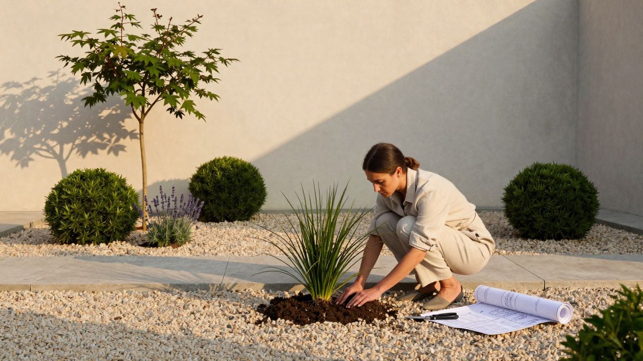 Woman planting a young plant in a modern garden with gravel, green shrubs, and garden plans on the ground.
