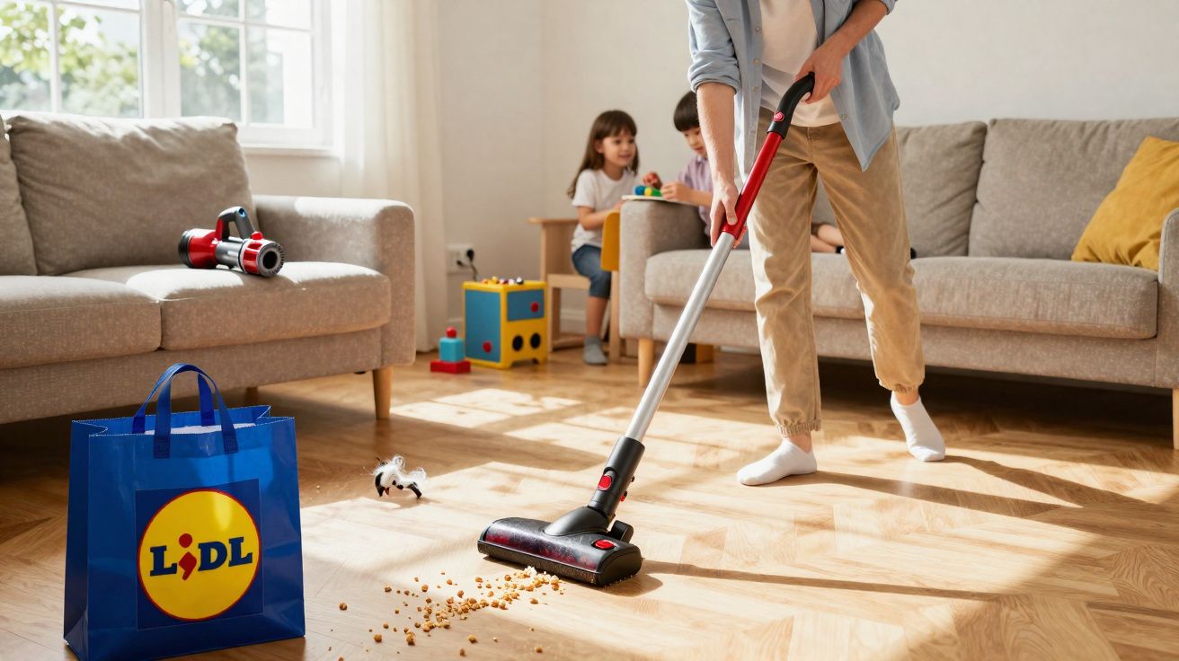 Person vacuuming scattered cereal from wooden floor in living room with children playing in background.