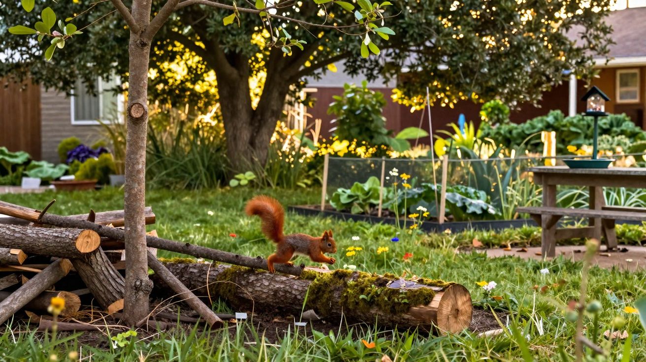 Red squirrel jumping across mossy logs in a sunlit garden with flowers and trees in the background