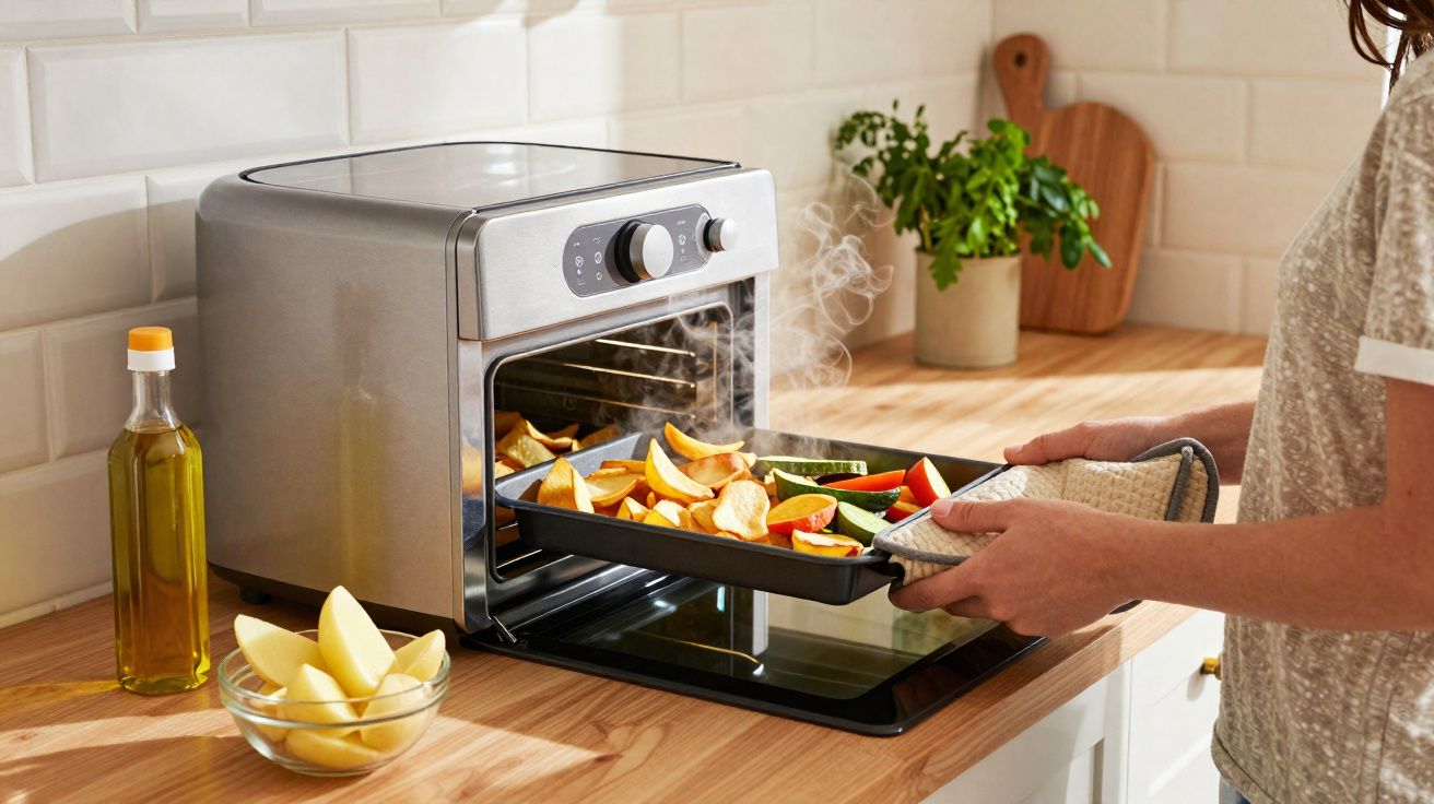 Person using oven mitts to remove a tray of steaming roasted vegetables from a countertop oven in a kitchen.