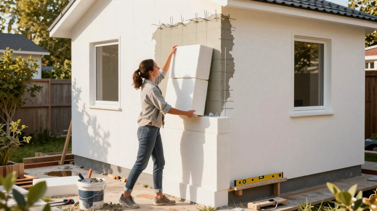 Woman installing white insulating foam panels on the exterior wall of a small house under construction.