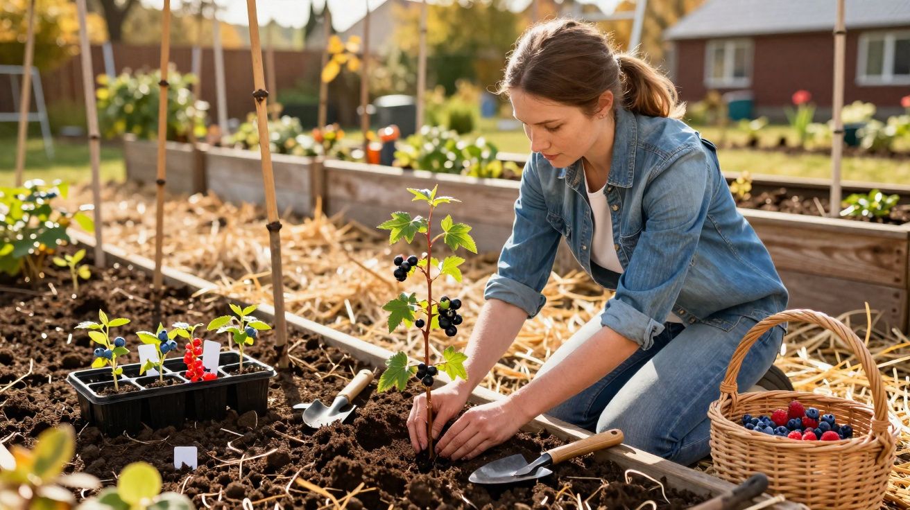 Woman planting a small blackcurrant bush in a raised garden bed with gardening tools and a basket of berries nearby.