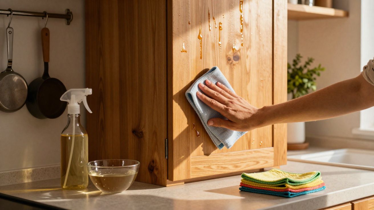 Hand wiping wooden kitchen cabinet with cloth beside cleaning spray bottle and stack of cloths on countertop.