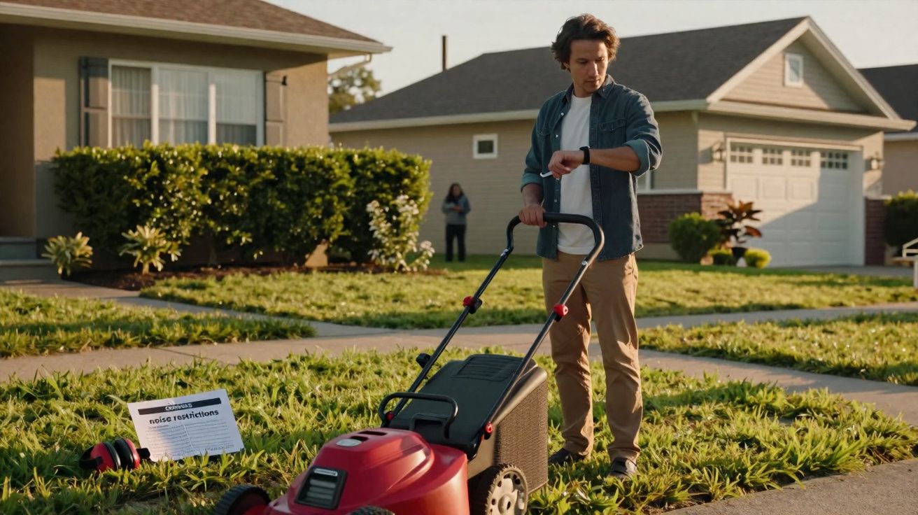 Man mowing lawn in front of house, looking at smartwatch, with noise restrictions sign and earmuffs nearby.