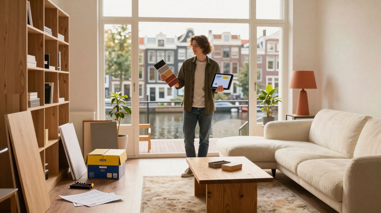 Person standing in a bright living room holding paint swatches and a tablet, with large windows and a canal view outside.