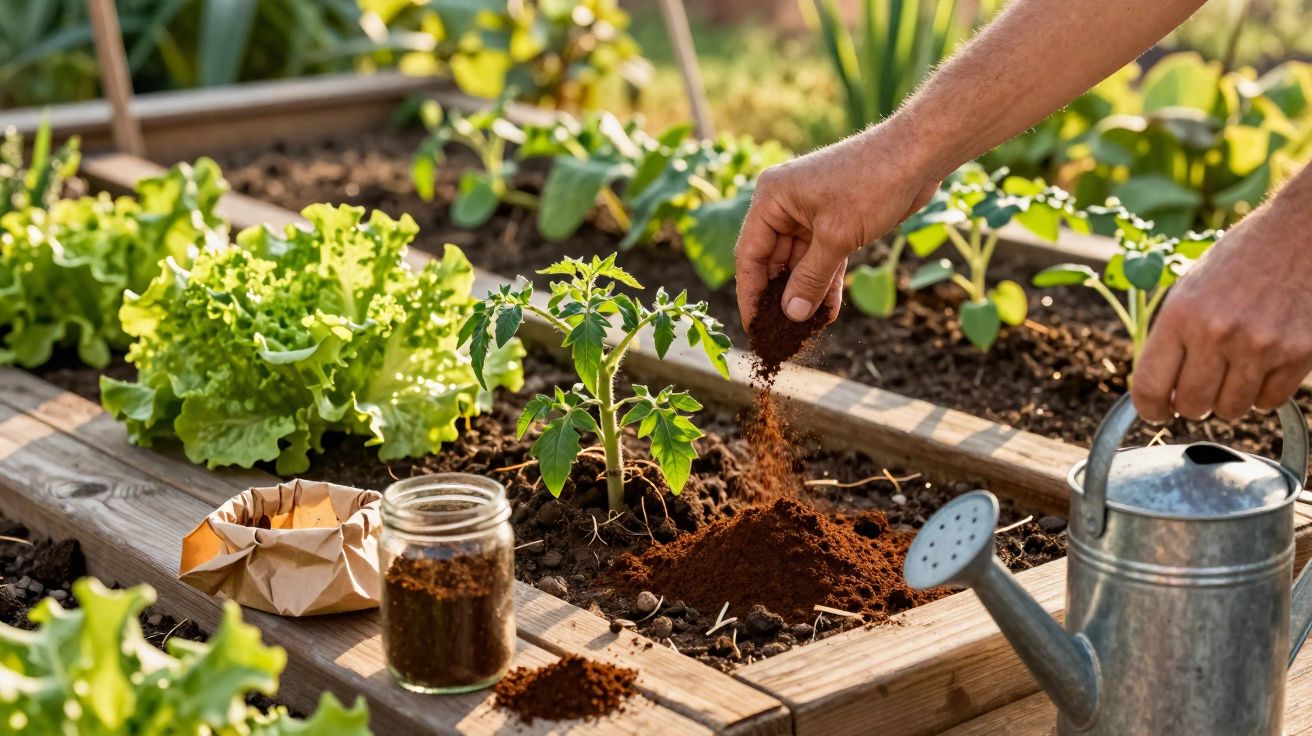 Hands adding fertiliser to soil in a raised garden bed with lettuce and tomato seedlings, next to a watering can.