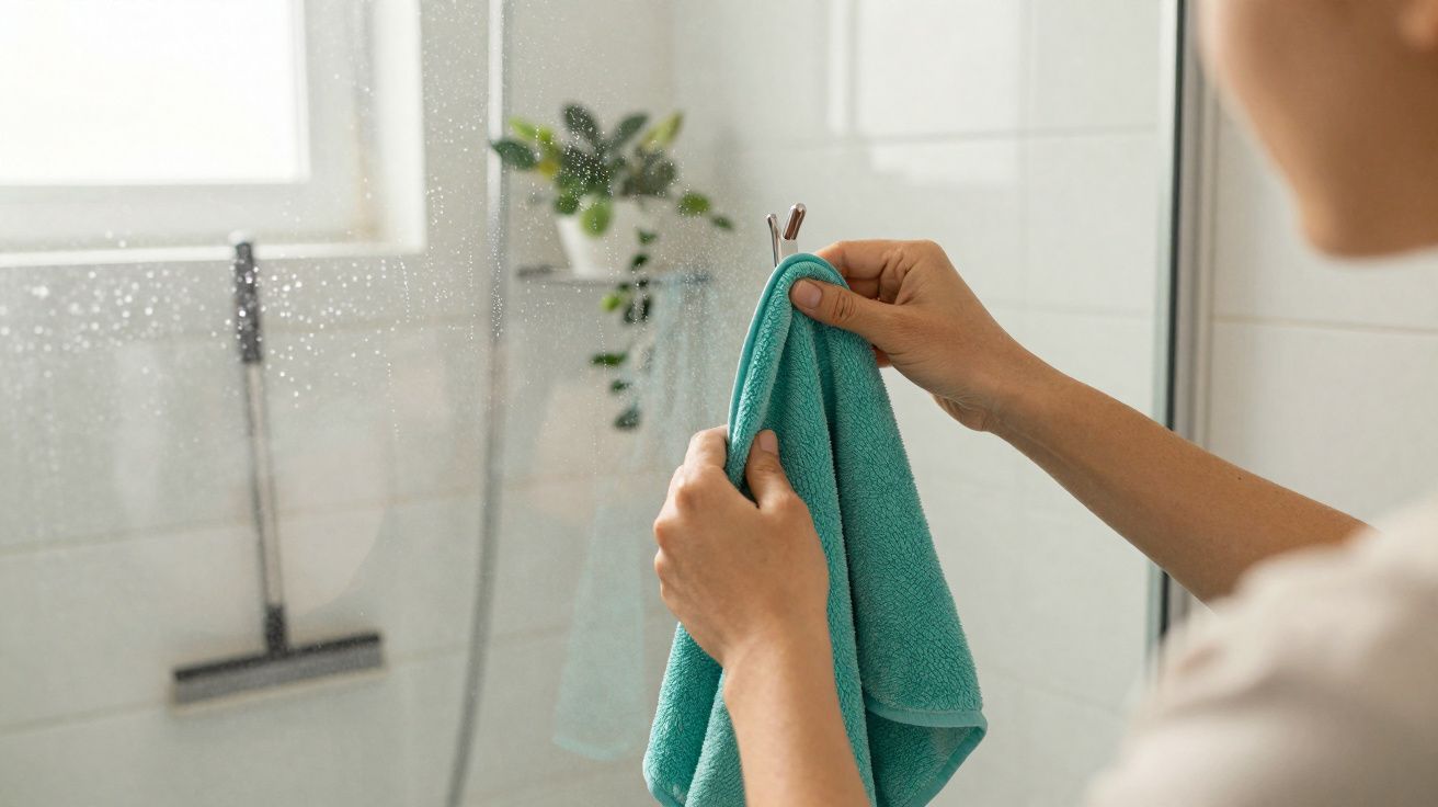 Person hanging a turquoise towel on a hook in a bathroom with a misty mirror and a plant reflection.