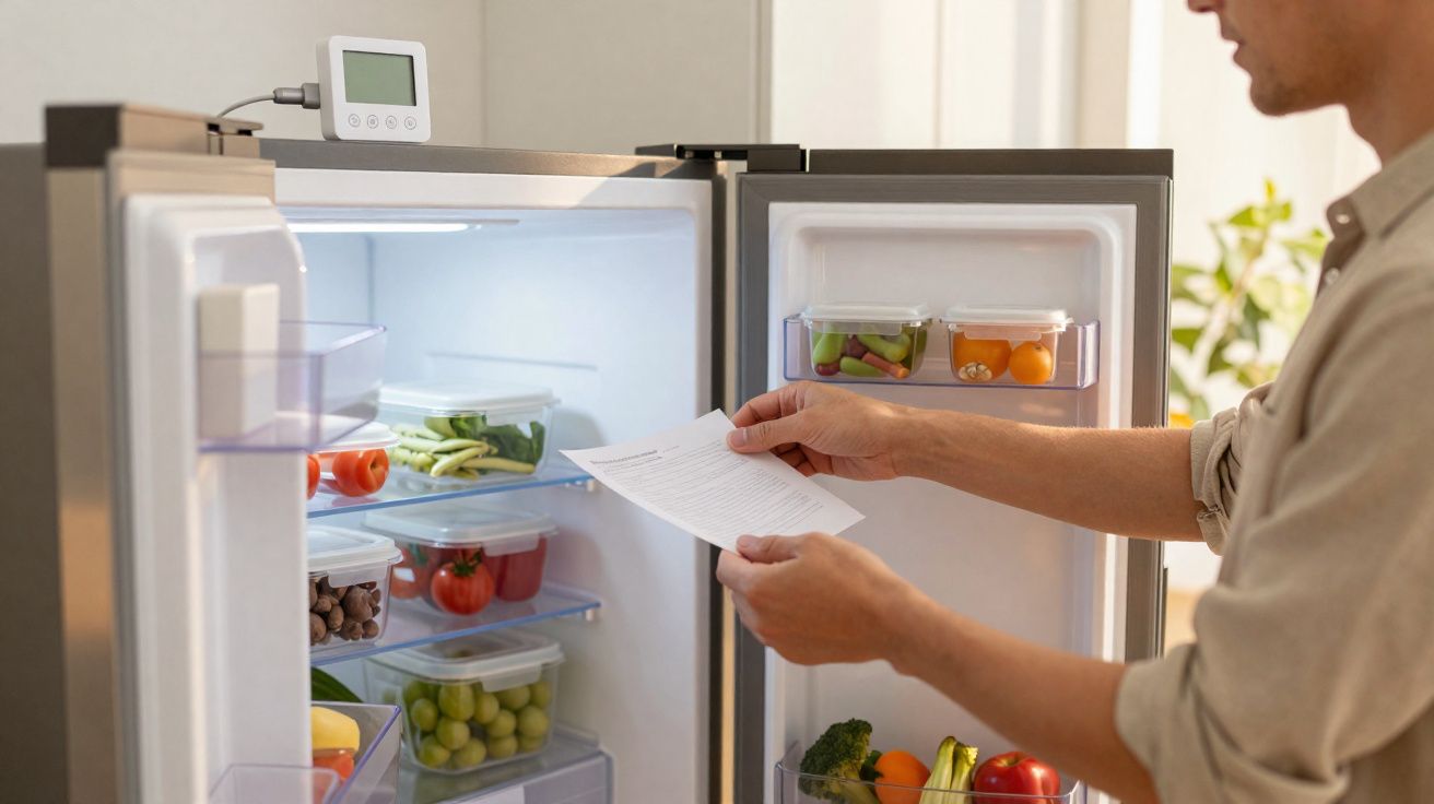 Person checking a list while looking inside a fridge filled with fresh fruits and vegetables.