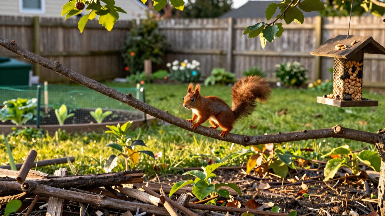 Red squirrel perched on a branch near a hanging peanut bird feeder in a sunlit garden.