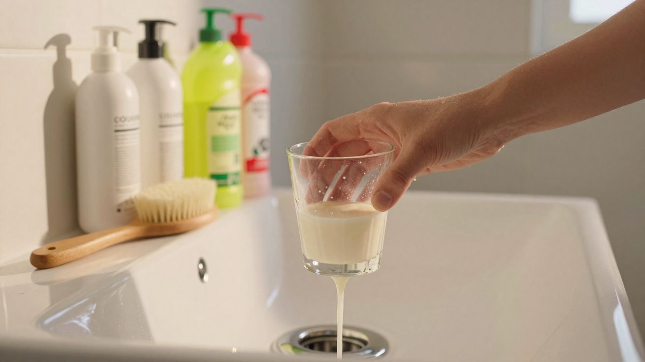 Hand pouring white liquid from a glass into a bathroom sink with toiletries and a brush in the background.