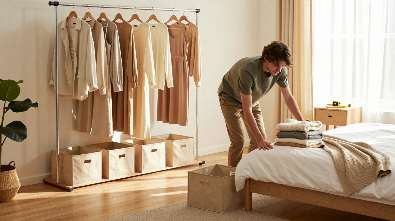 A person organising folded clothes on a bed in a bright, neutral-toned minimalist bedroom.