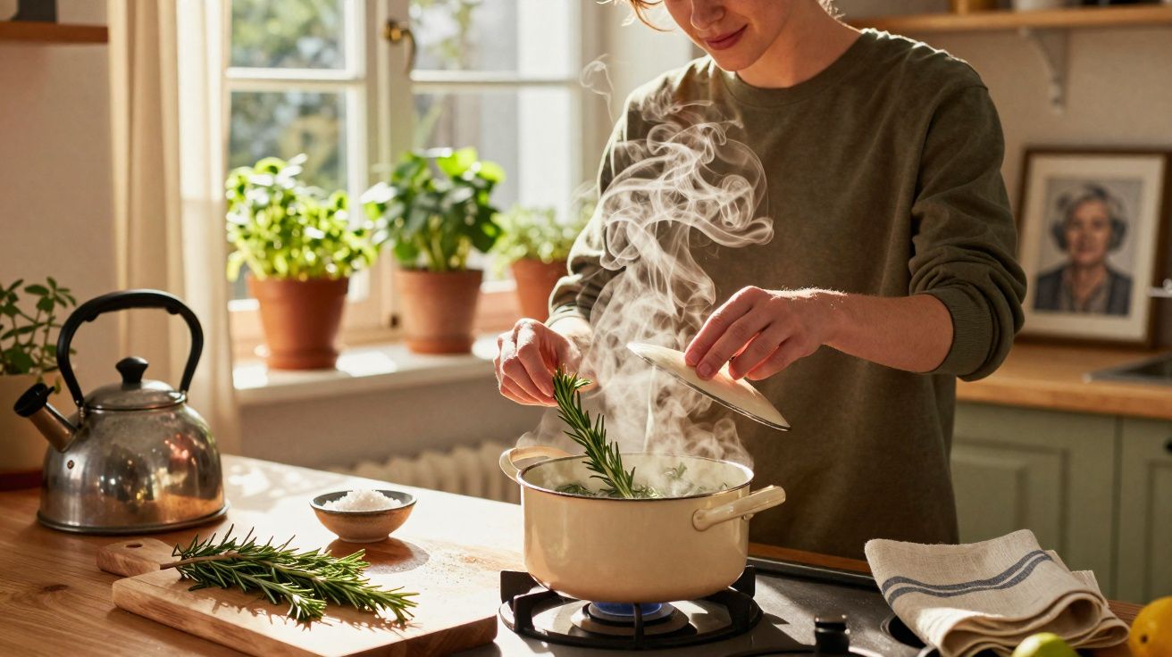 Person adding rosemary into a steaming pot on a gas stove in a sunlit kitchen.