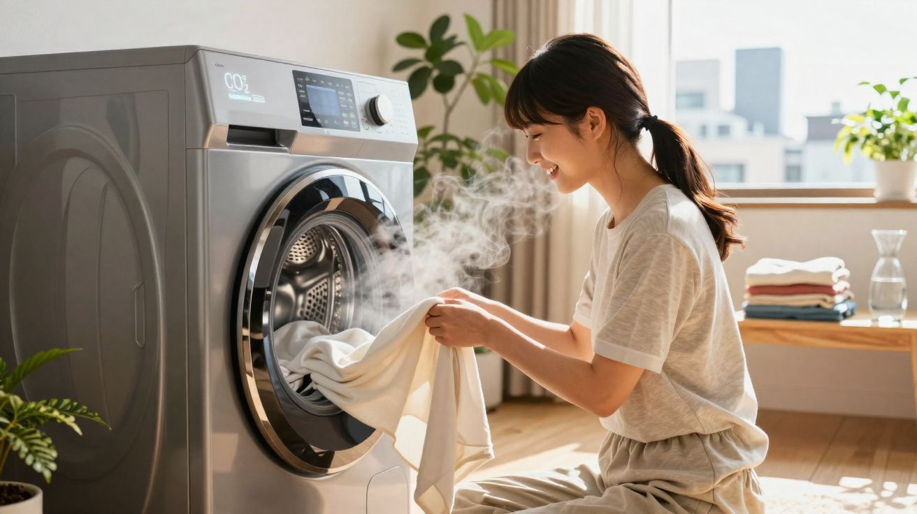 Woman happily removing steaming laundry from a front-loading washing machine in a bright room.