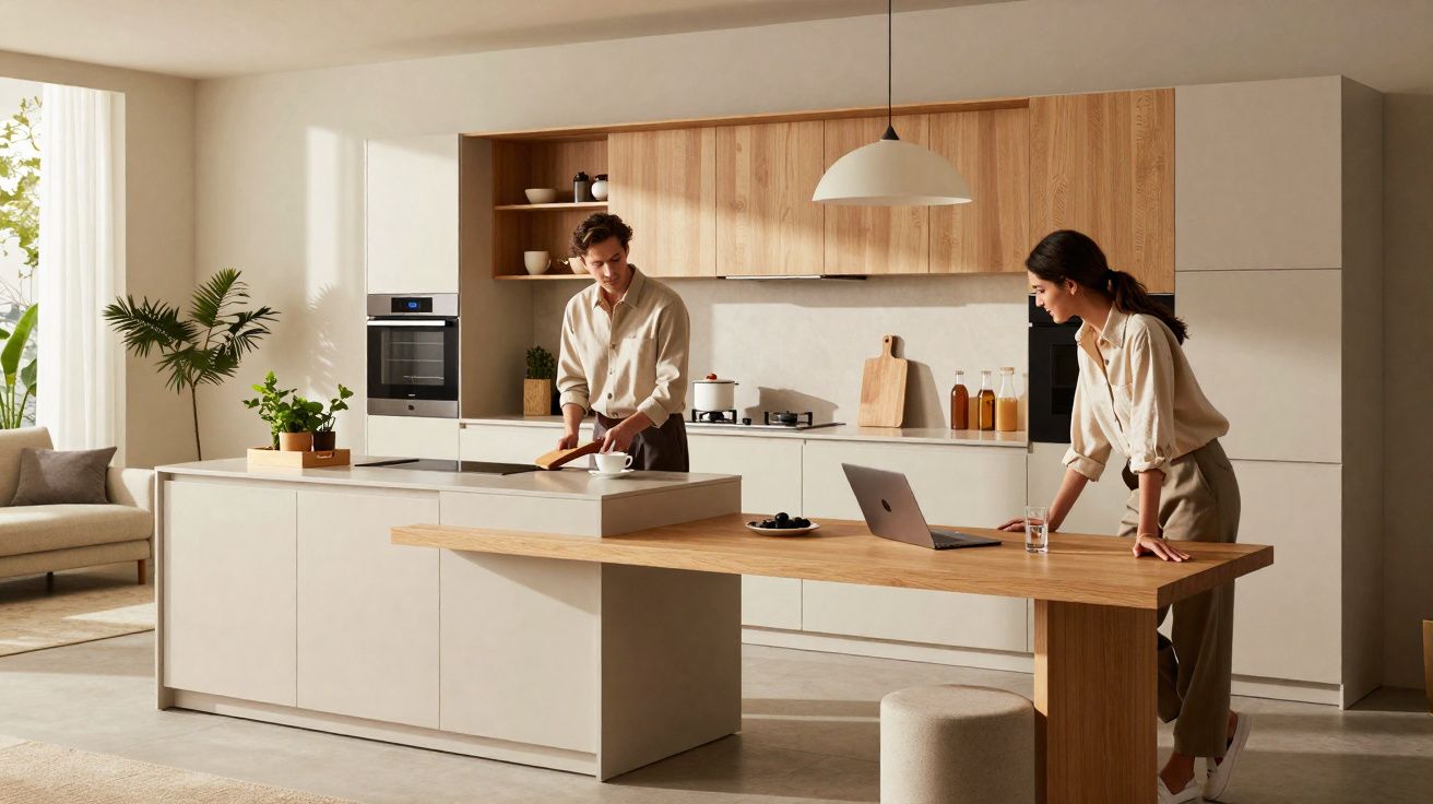 Two people in a modern kitchen with wooden cabinets and a laptop on a wooden breakfast bar.