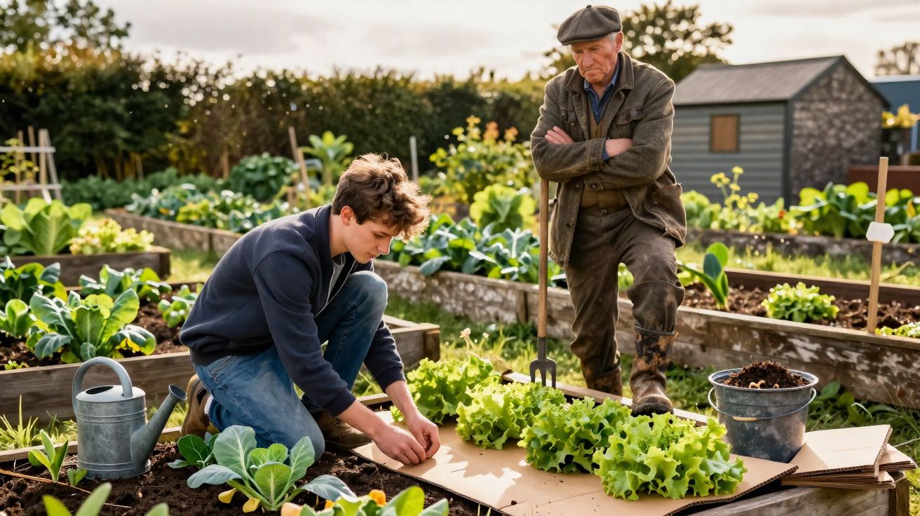 Young man planting lettuce in a vegetable garden while an elderly man watches holding a garden fork.