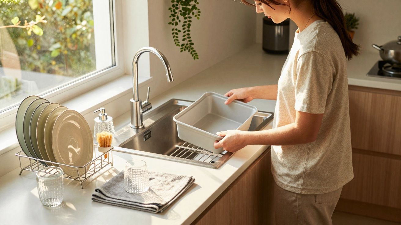 Person rinsing a rectangular container in a modern kitchen sink beside a drying rack with plates and glasses.