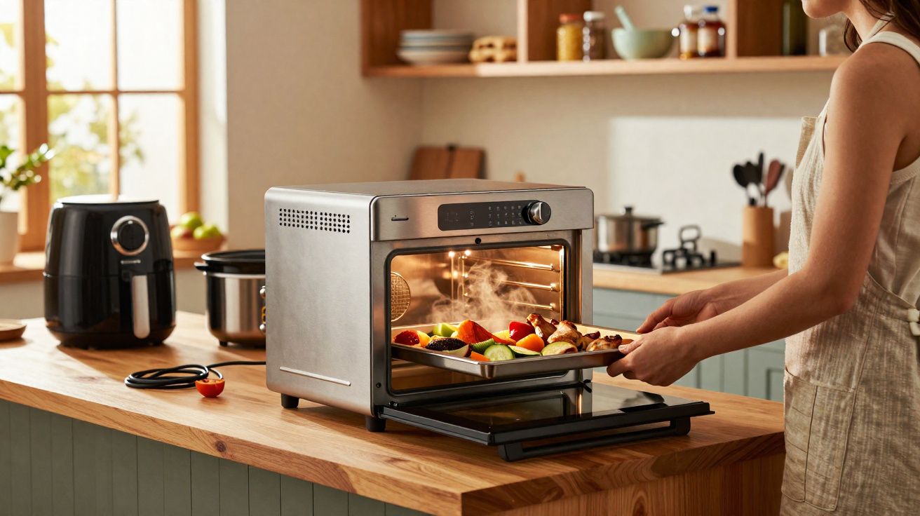 Person removing roasted vegetables and chicken from a modern countertop oven in a bright kitchen.