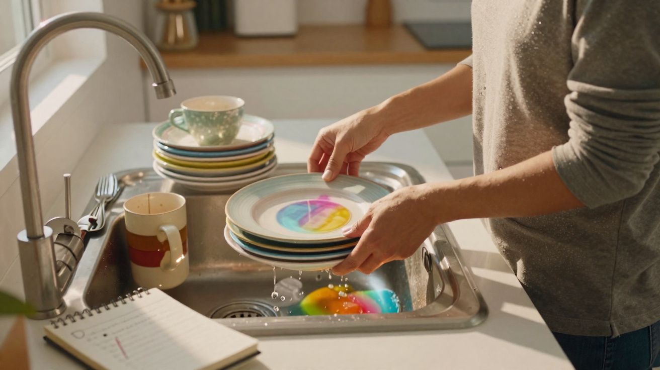 Person washing colourful plates in a kitchen sink with a stack of dishes and a notebook nearby