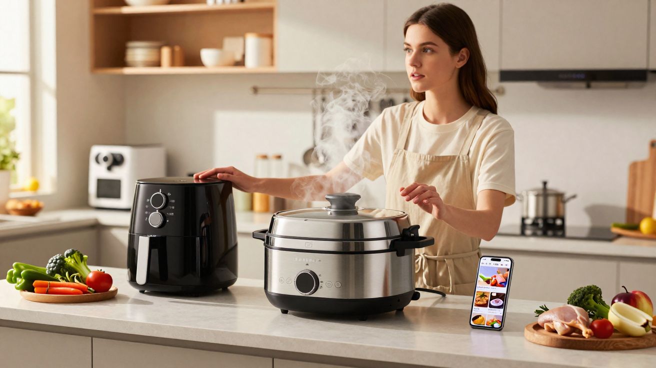 Woman in apron cooking with air fryer and slow cooker on kitchen counter with fresh vegetables and phone nearby