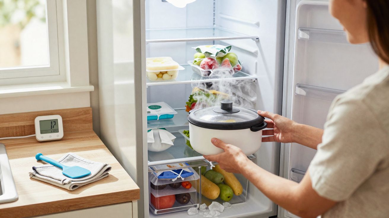Person placing a steaming pot inside a fridge with fresh vegetables and eggs on the shelves.