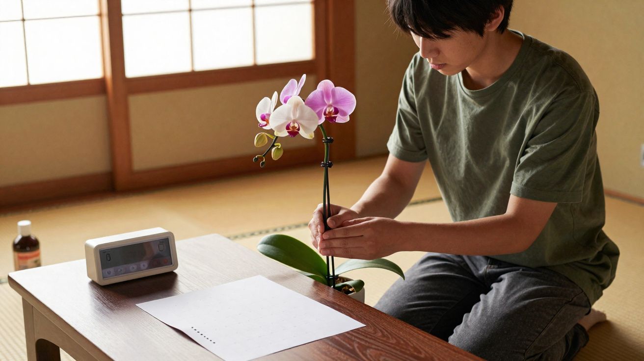 Young man adjusting a pink and white orchid plant on a wooden table in a traditional Japanese room.