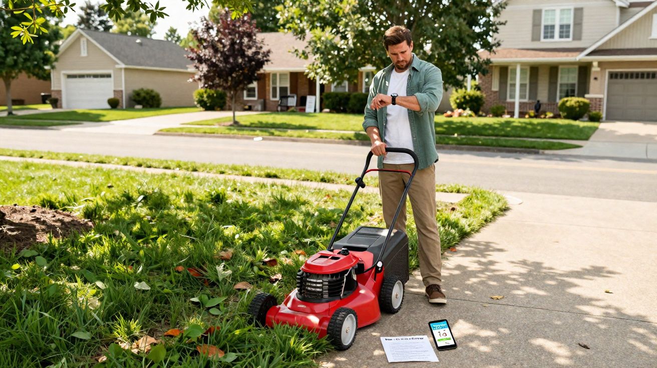 Man in casual clothes checking smartwatch while preparing to mow overgrown grass with red lawnmower in suburban yard.
