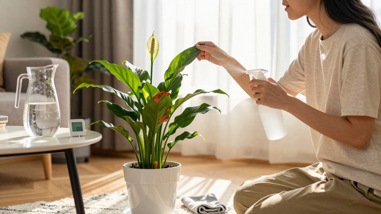 Person watering a healthy peace lily plant in a white pot in a sunlit living room.