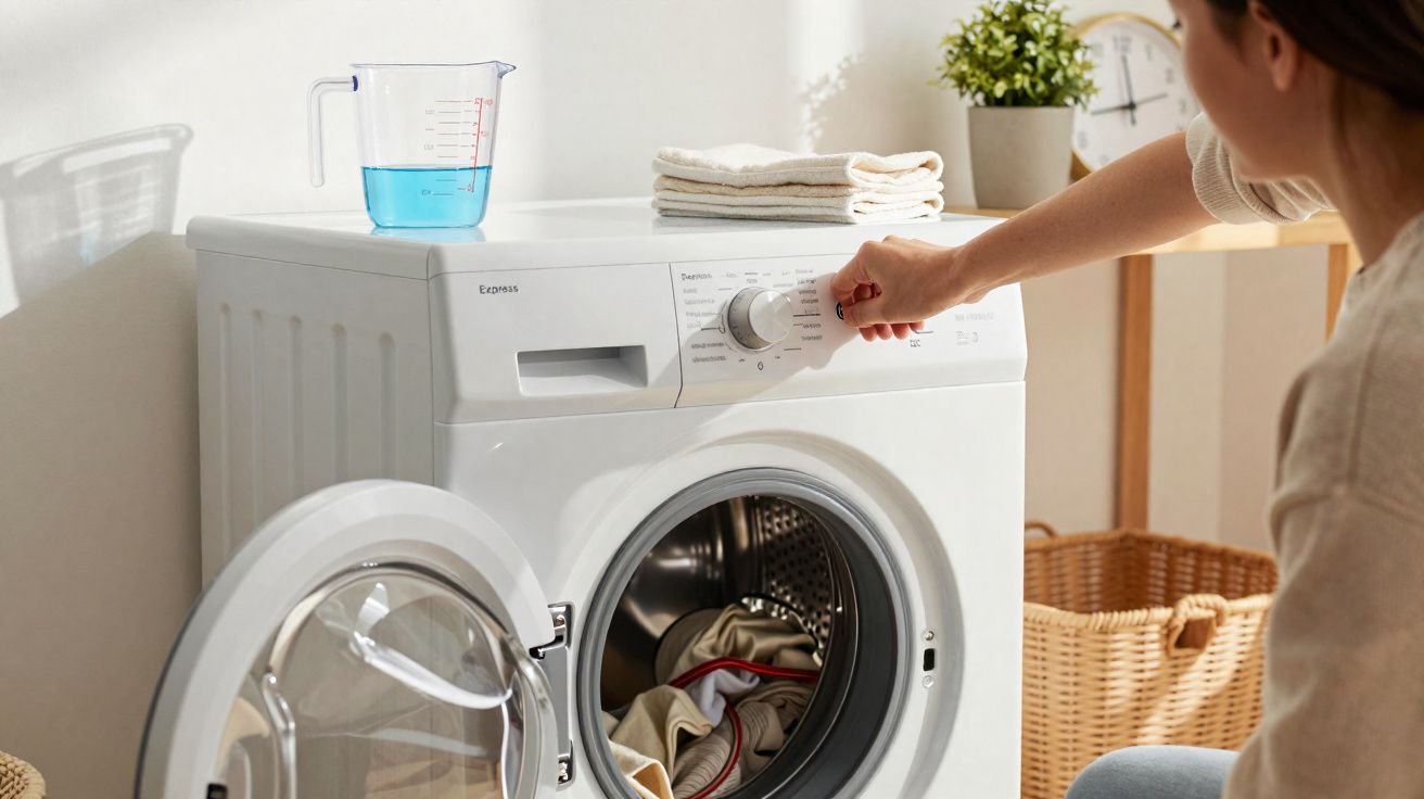 Person adjusting settings on a front-loading washing machine with laundry detergent and towels nearby.