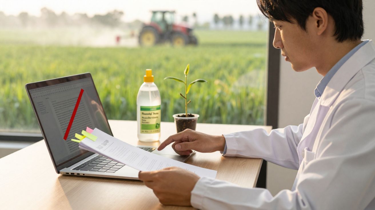 Scientist in lab coat reviewing documents by a laptop with a plant and crop field in the background.