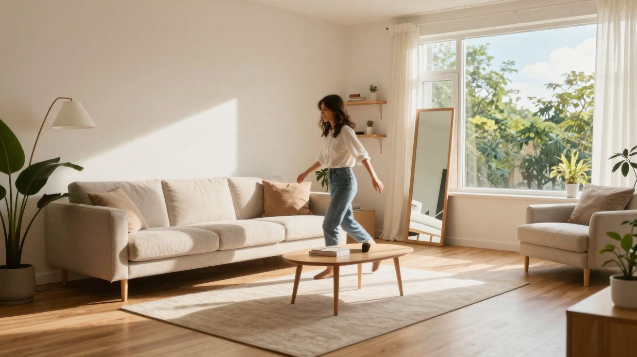 Woman walking in a bright, modern living room with beige sofa, wooden coffee table, and large window with plants outside.