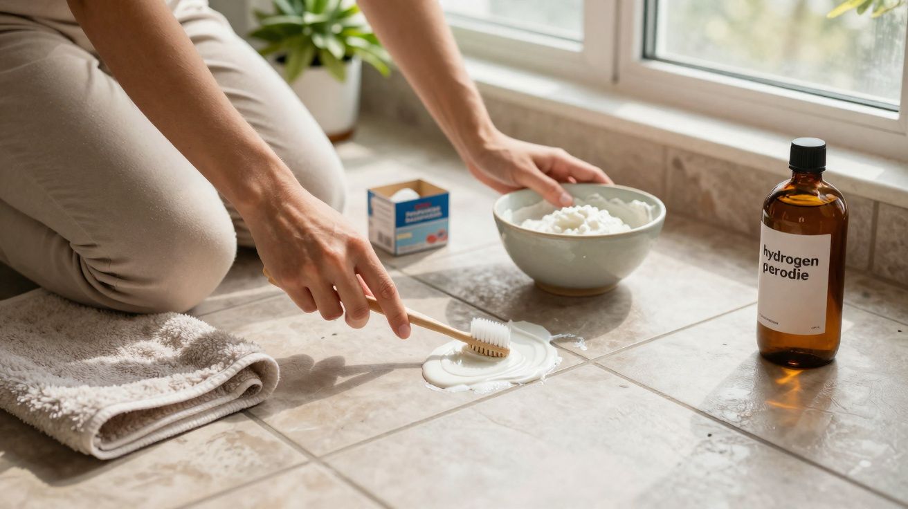 Person using a toothbrush to clean a white stain off tiled floor with hydrogen peroxide nearby