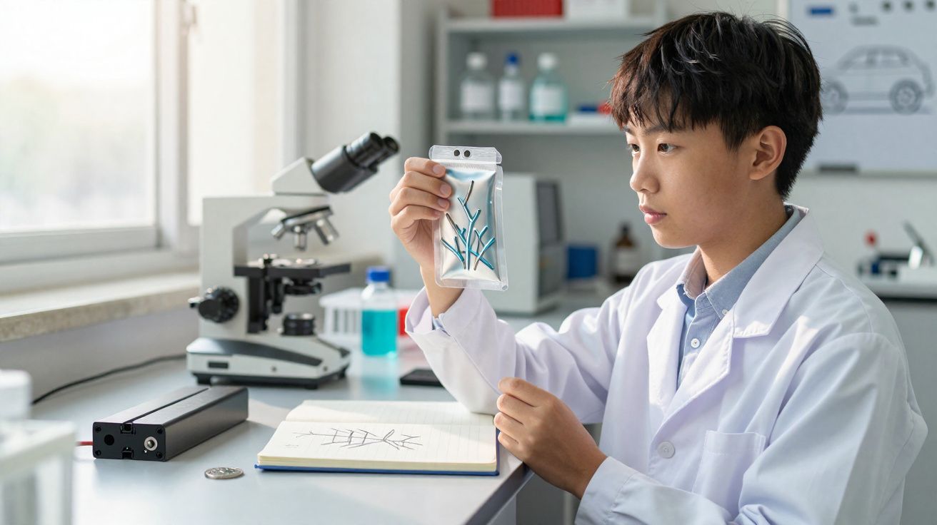 Young scientist in a lab coat examining a plant sample in a sealed plastic bag at a laboratory bench.