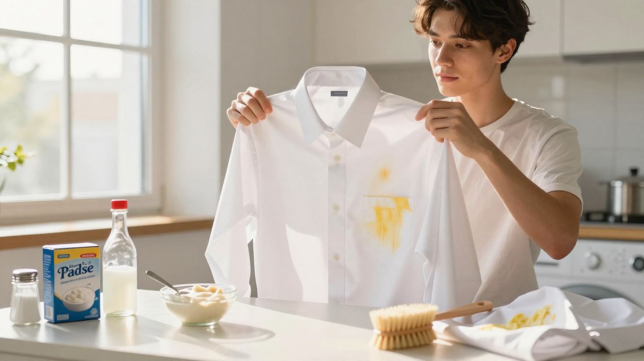 Young man inspecting a white shirt with yellow stains in a bright kitchen setting.