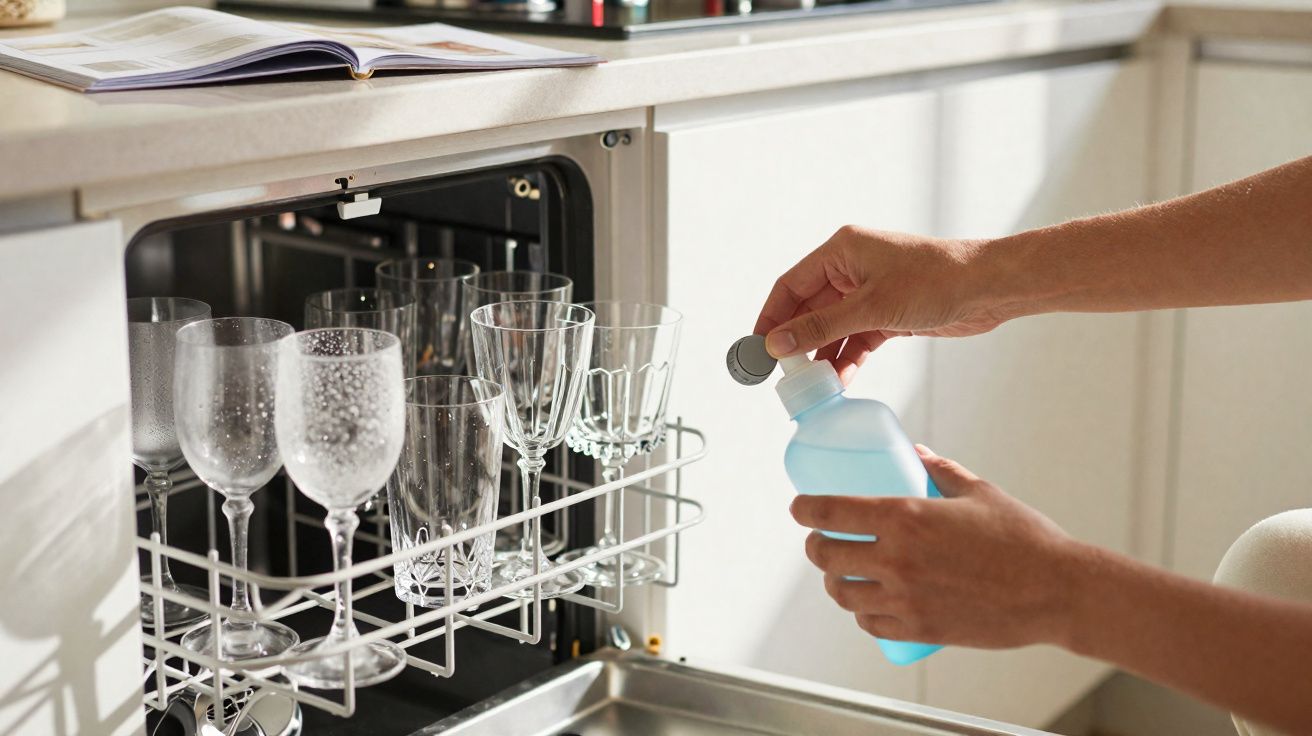 Person pouring dishwasher rinse aid into a dishwasher filled with wine glasses in a bright kitchen.