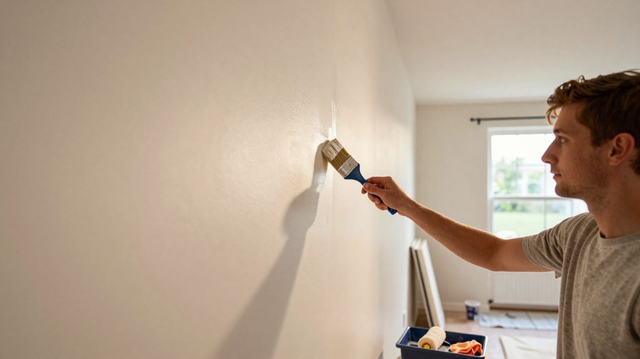 Young man painting a beige wall indoors using a paintbrush near a window with natural light.