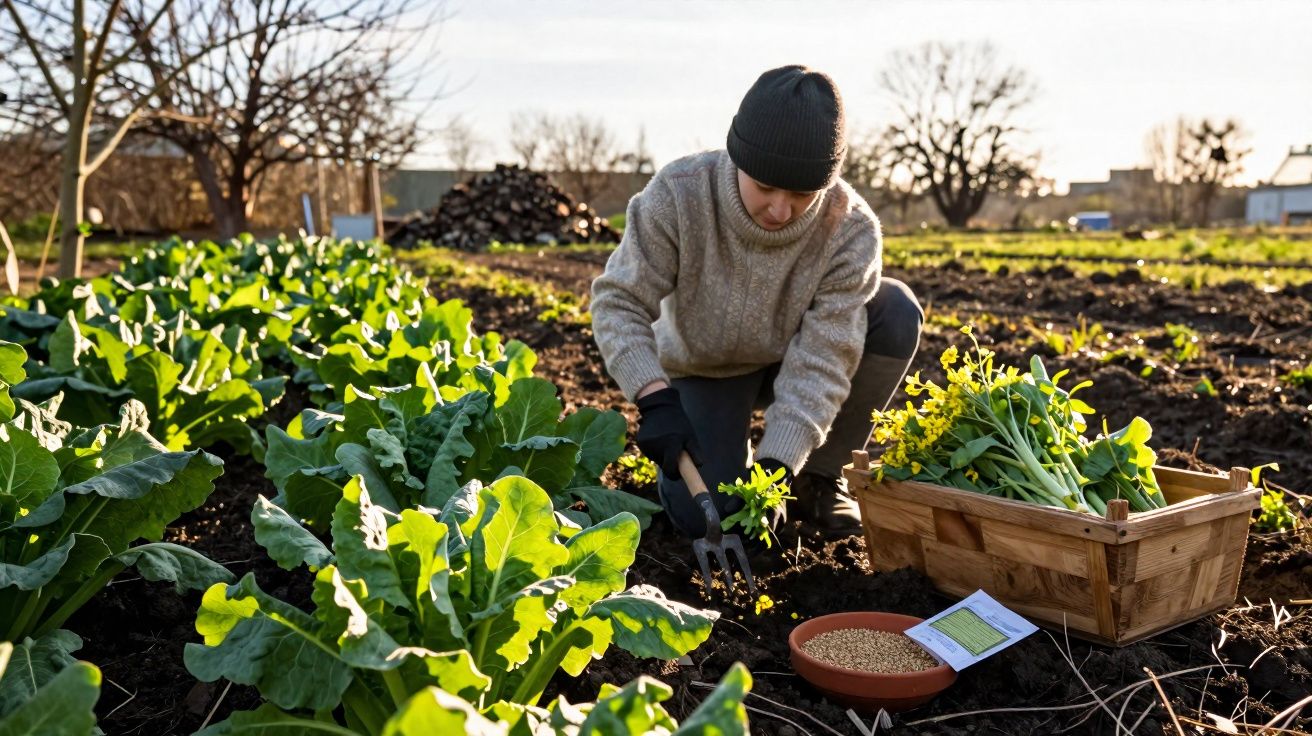 Person in warm clothing harvesting leafy greens in a garden with a wooden crate and seed packet nearby.