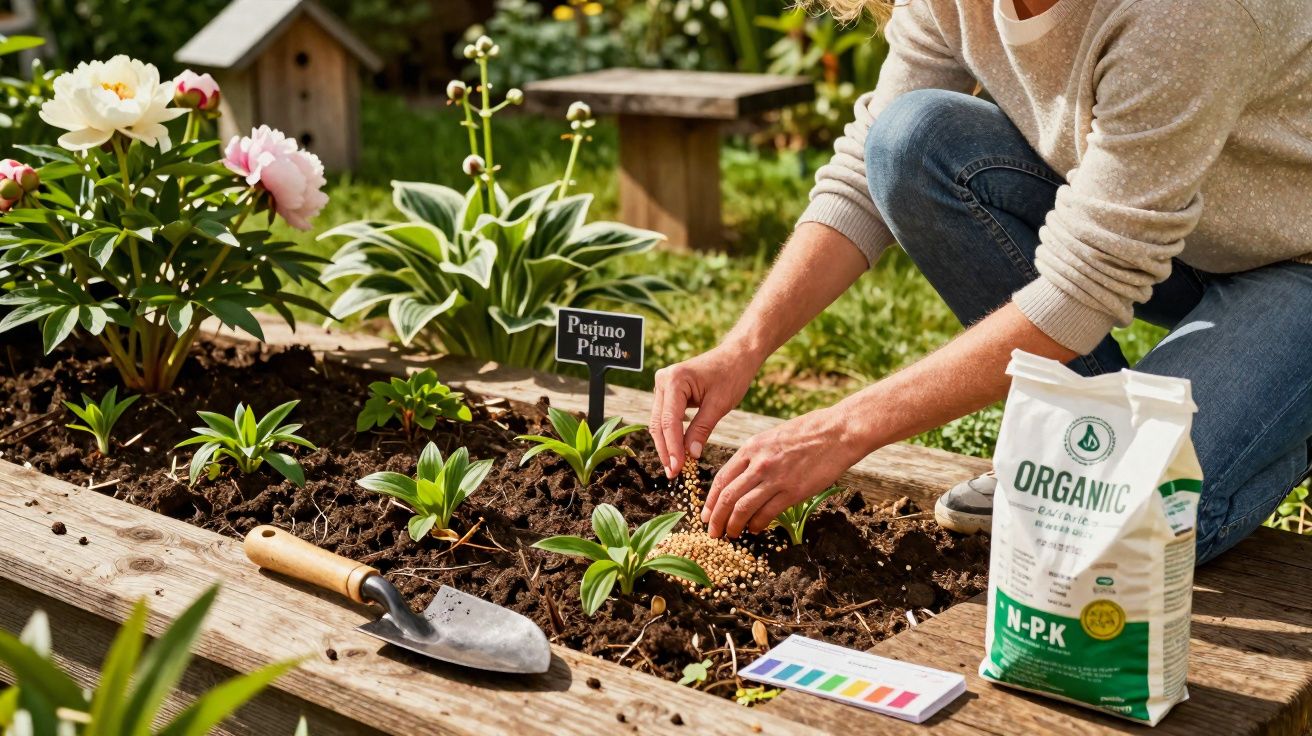 Person spreading organic fertilizer granules on plants in a raised garden bed labelled "Primno Pluska"